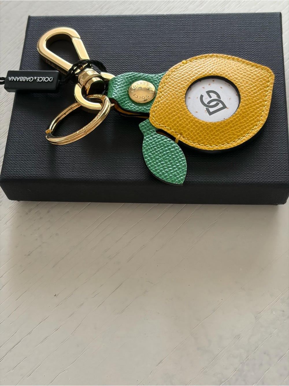 Dolce & Gabbana Yellow & Green Leather Lemon Keyring with Gold Hardware